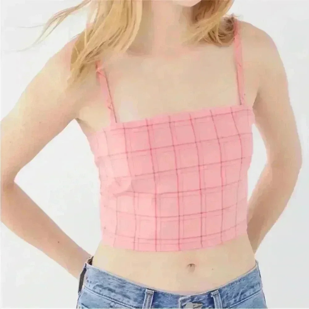 Urban Renewal / Outfitters Remnants Watermelon Plaid Tie-Back Cropped Top